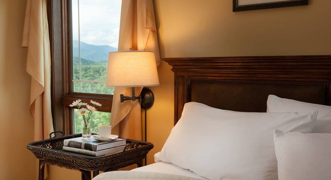 Head board with white pillows leaning, night stand with lamp attached to the wall, also a view out the window of the mountains