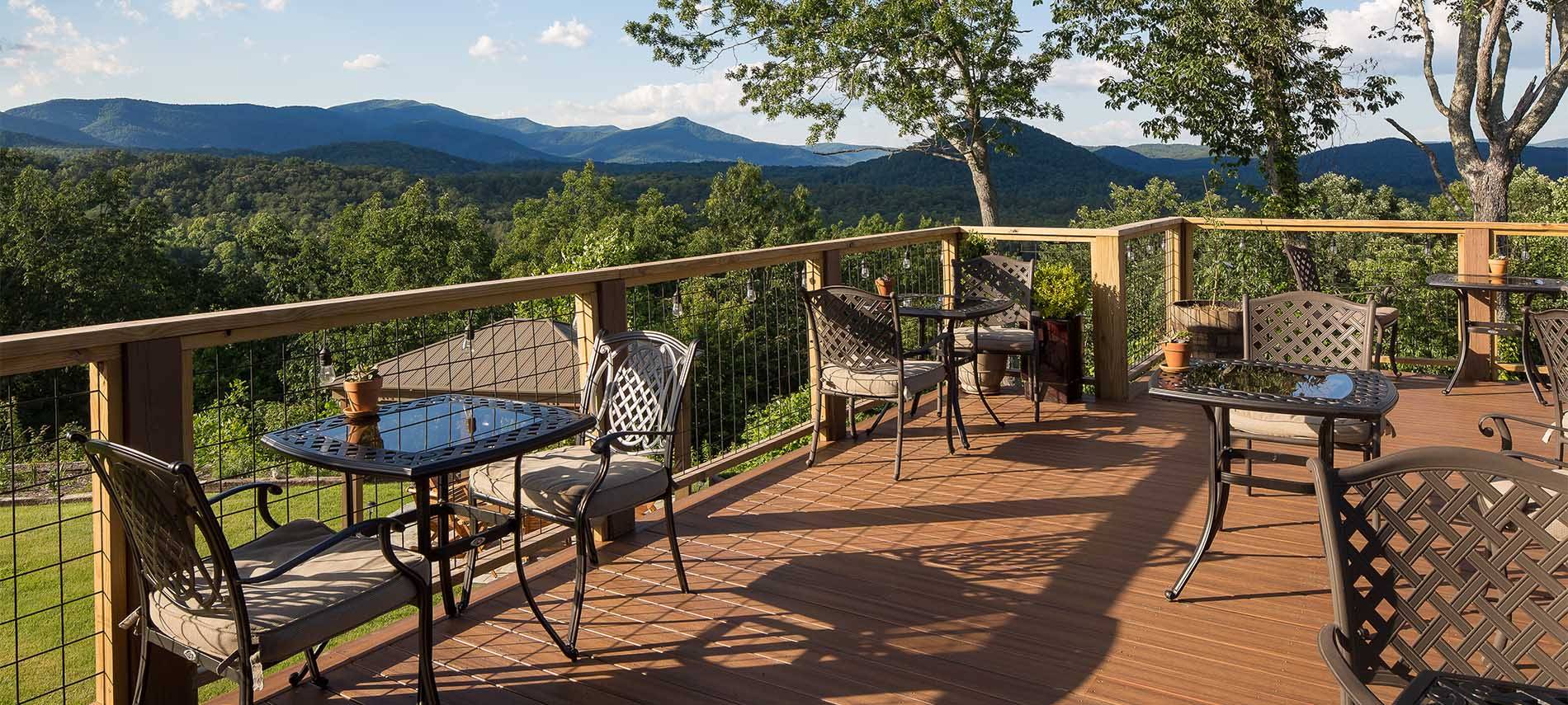 Tiled Patio with multiple tables with reflective tops.