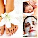 Three images: a woman's feet in a wrap, woman getting massage, and woman receiving facial.