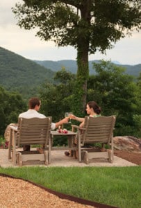 Couple sitting on deck clicking glasses of wine in brown compressed wood and a view of the mountains
