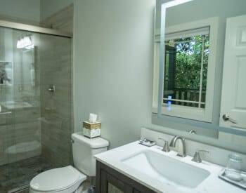 view of glass enclosed tiled shower, toilet and white sink in cherry cabinet with mirror over sink showing reflection of door and window