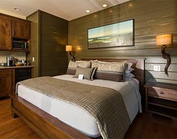 A deep green and brown blend bedroom with bed situatued between two decorative wall mount lamps, next to a small kitchenette. 